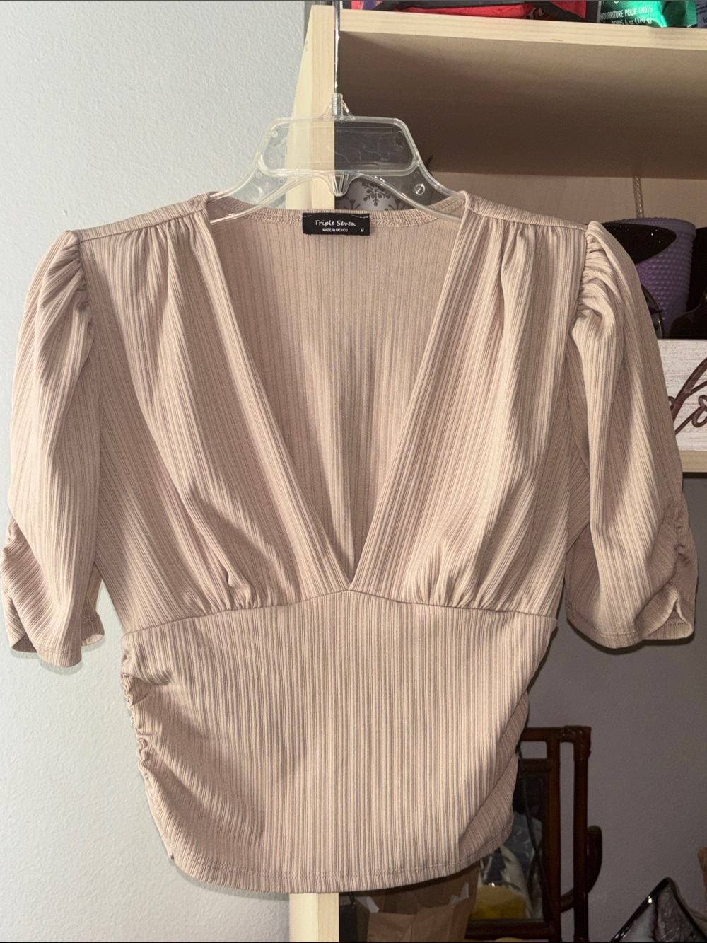 Triple Seven Beige Ribbed Blouse